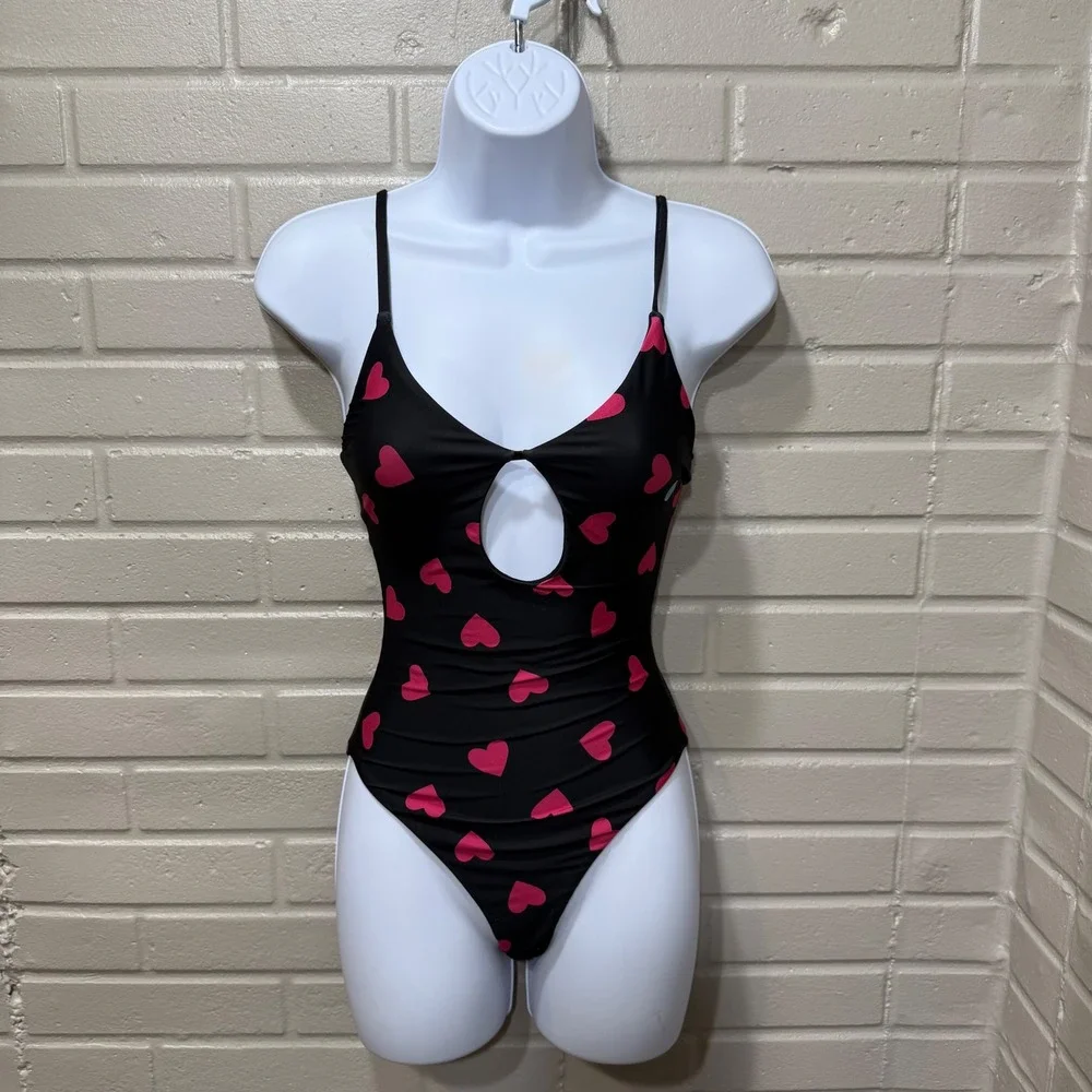 Beach Riot NWOT Priscilla Tough Love One Piece Swimsuit XS Black Pink Hearts USA
